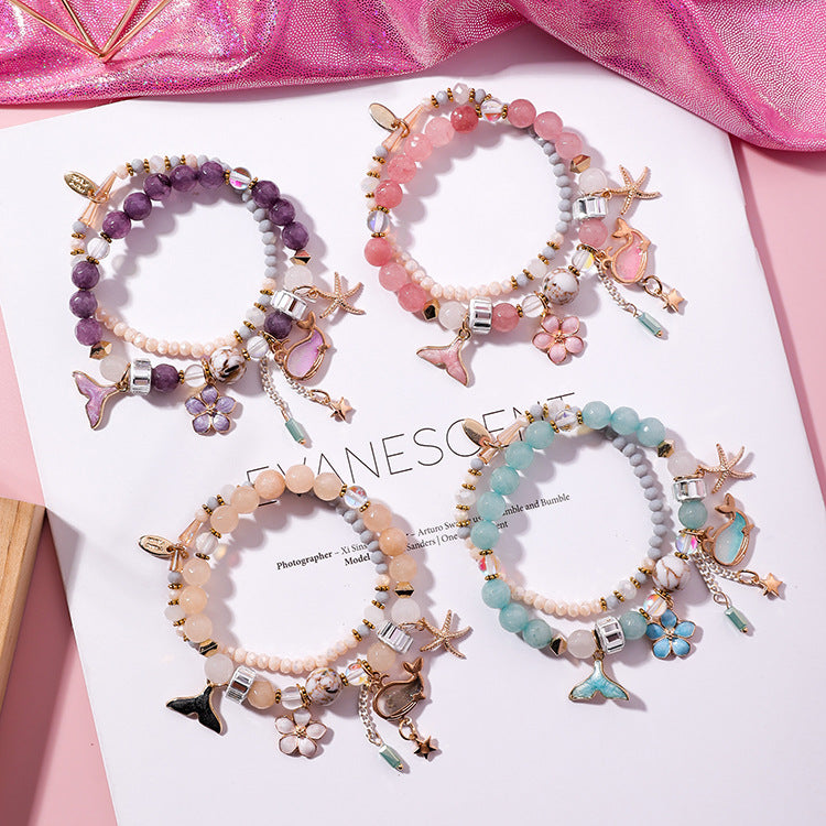 Vacation Style Whale Tail Double Layer Stretch Personality Vintage Flower Bracelet