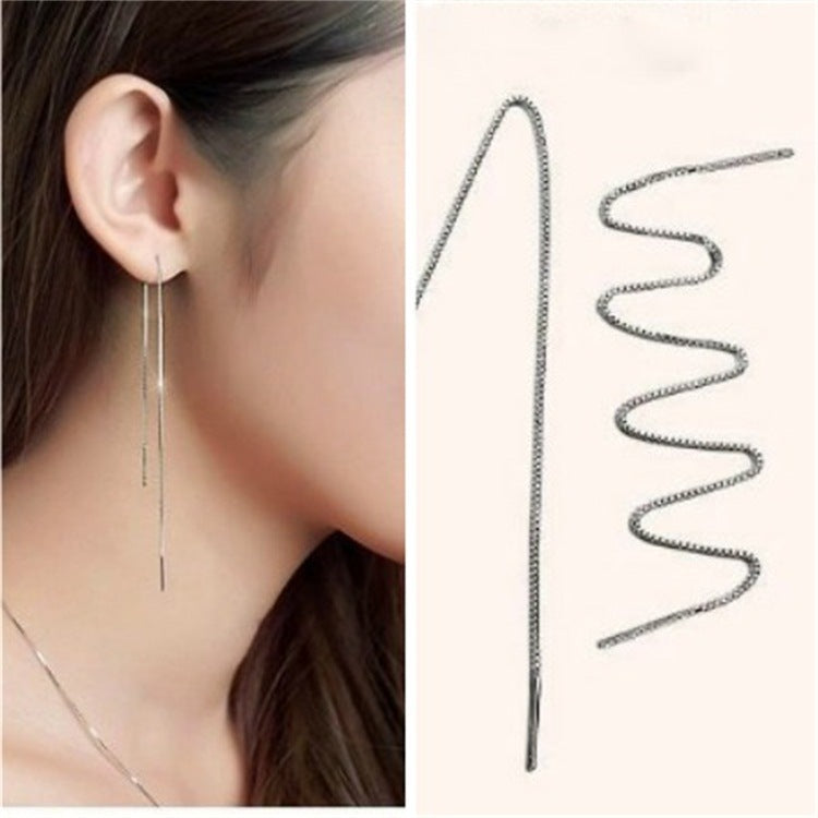Women's Sterling Sier Ear Line Extra Long Tassel Korean Style Chain Stud Earrings