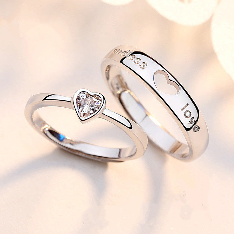 Women's & Men's Heart-shaped Zircon Couple Opening Love Simple Rings