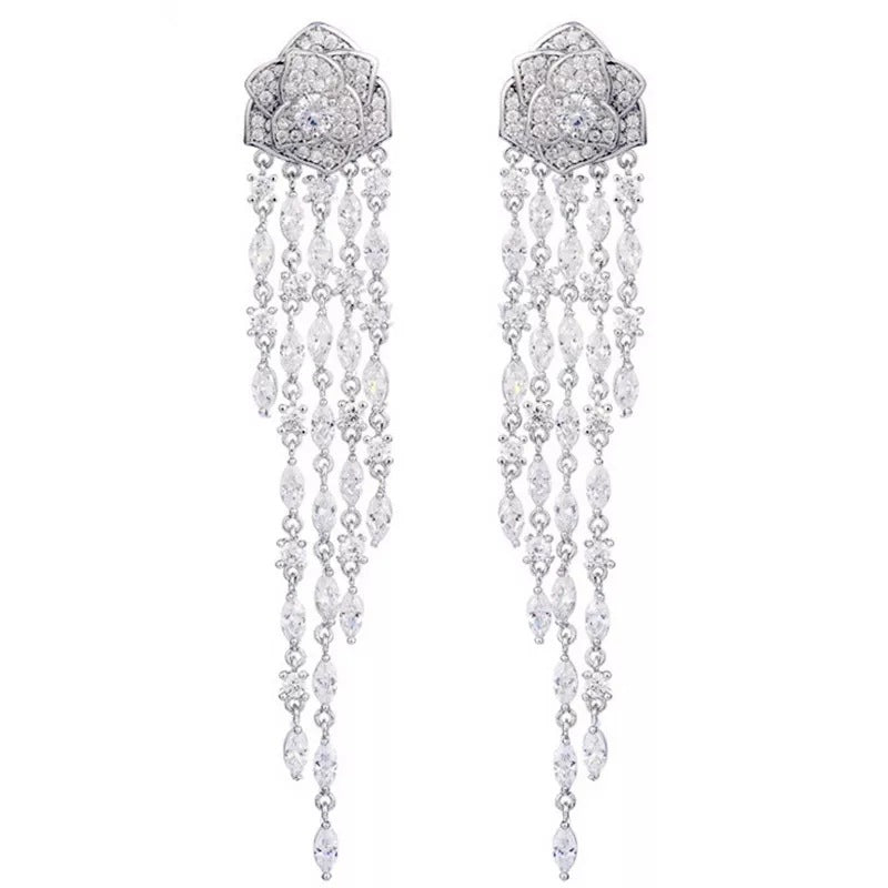 Sier Needle Micro Inlaid Zircon Rose Earrings