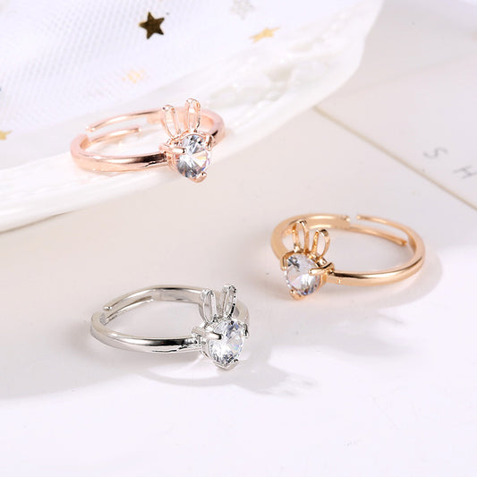 Korean Style Creative Cute Rabbit Copper Inlaid Zircon Opening Rings