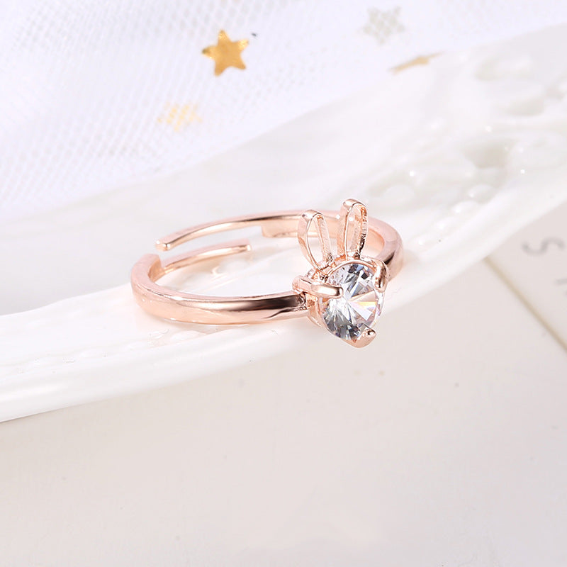 Korean Style Creative Cute Rabbit Copper Inlaid Zircon Opening Rings