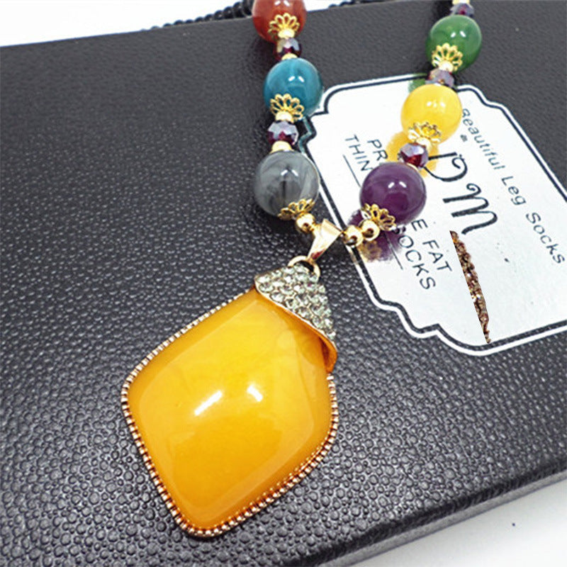 Elephant Sweater Chain Long Bohemian Style Yellow Amber Necklace