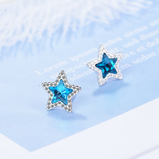 Women's Colorful Crystals Blue Pentagram Cute Mini Earrings