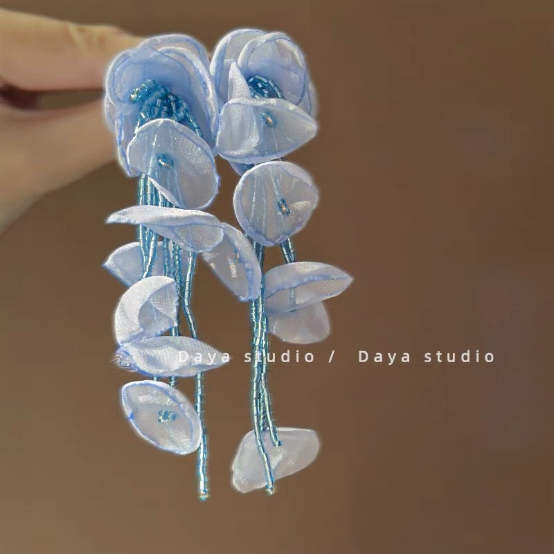 Women's Fresh Blue Fabric Flower Tassel Seaside Vacation Style Light Stud Earrings