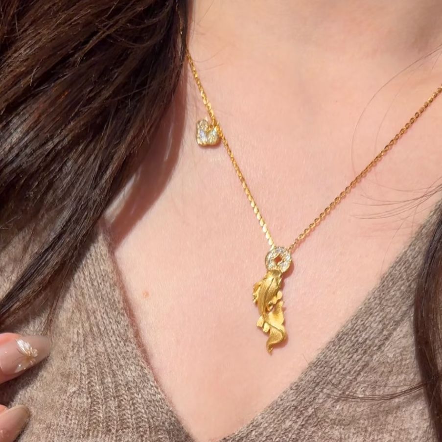 Ancient Style Swallowing Gold Koi Design Retro Necklace