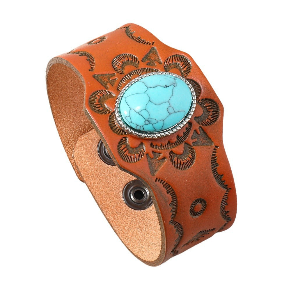 Men's Vintage Turquoise Adjustable Cattle Leather Simple Bracelet