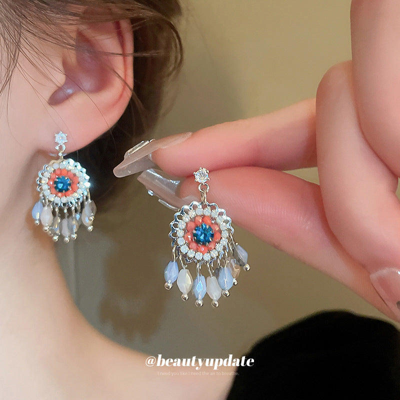 Sier Artificial Crystal Hollow Chinese Ethnic Style Tassel Earrings