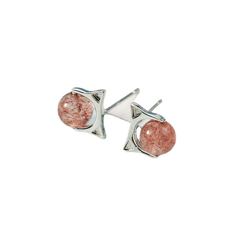 Cute Cat Pink Crystal Strawberry Ear Fresh Stud Earrings