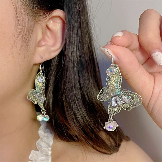 Korean Style Retro Green Butterfly Long Asymmetric Earrings