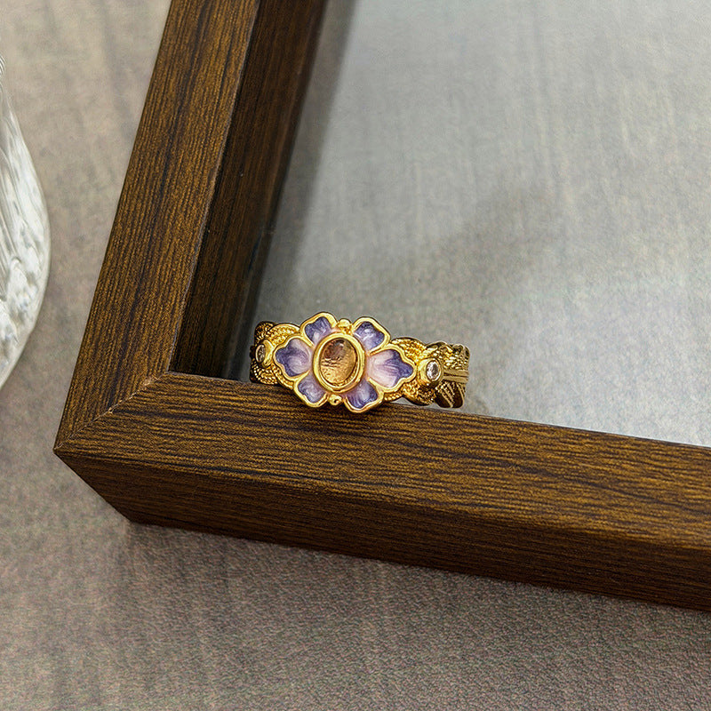 Luxury Retro Flower Auspicious Cloud Purple Enamel Open Niche Twin Rings