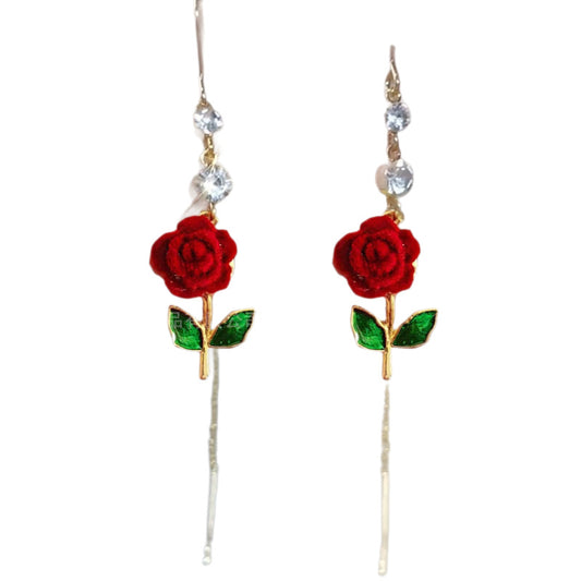Long Female Elegant Tassel Red Flower Light Luxury High Sense Rings