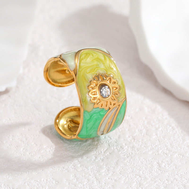 Steel Gold Drop Oil Sunflower Female Shaped Rings