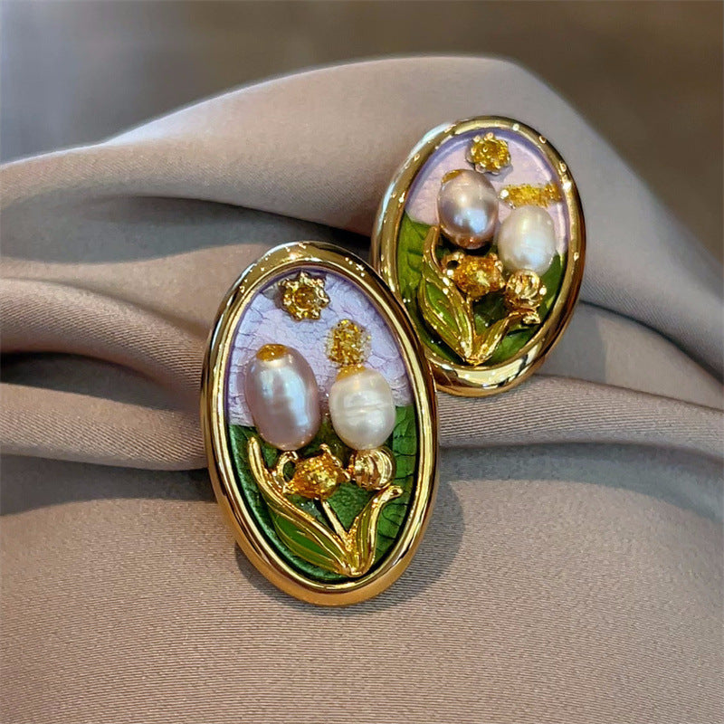 Jardin Monet Oil Painting Freshwater Pearl Flower Chinese Earrings