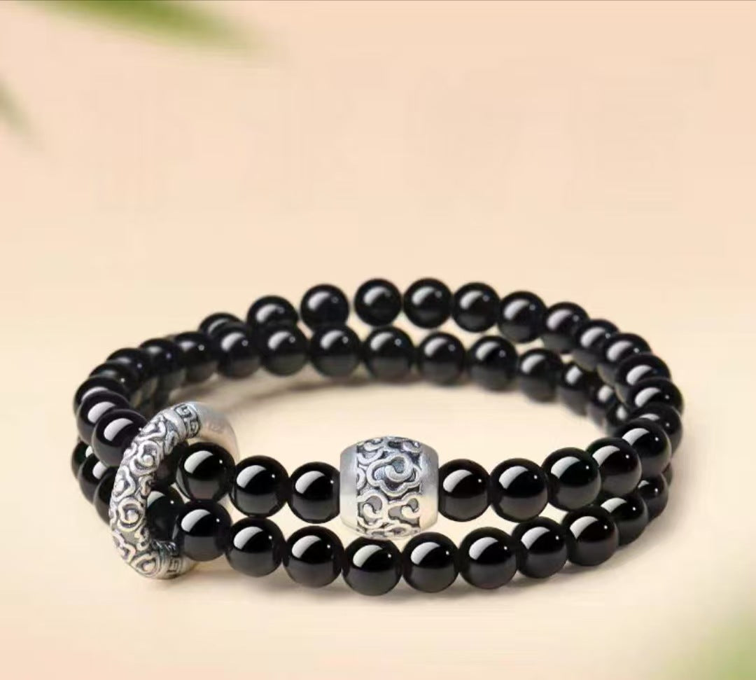 Women's & Men's Obsidian Aquamarine Double Crystal Lucky Beads Bracelets