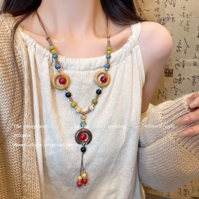 Women's In Southern Chinese Style Ceramic Antique Zen Cool Long Sweater Necklace