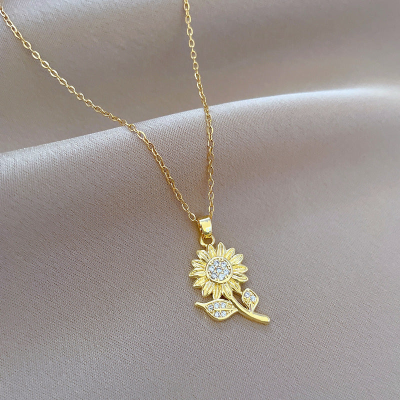 Women's Steel Sunflower Zircon Light Luxury Temperament Gorgeous Full Necklaces