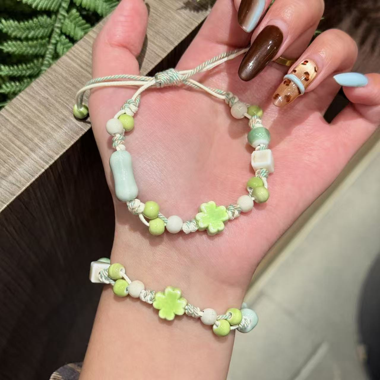 Niche Green Clover Ceramic Adjustable Size Hand-woven Couple Finished Mori Bracelets