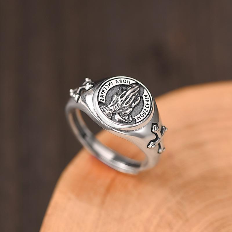 Men's Sier Personality Retro Praying Hands Open Blessing Ring