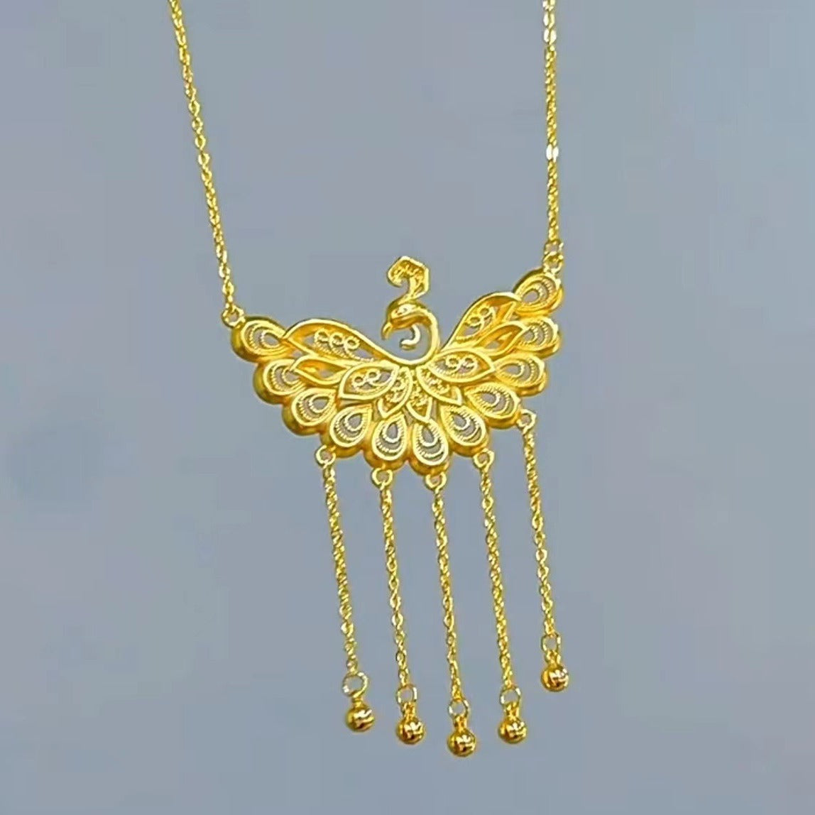 Women's Peacock Open Screen Tassel Yellow Gold Bridal Wedding Shop Chain Necklace