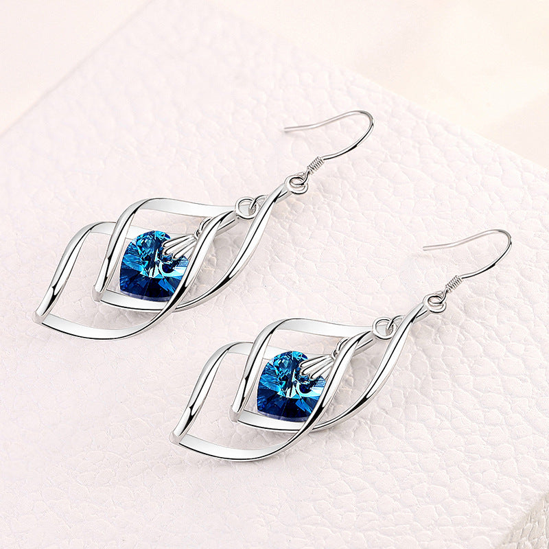 Rotating French Fashion Heart-shaped Blue Crystal Female Ocean Heart Stud Earrings