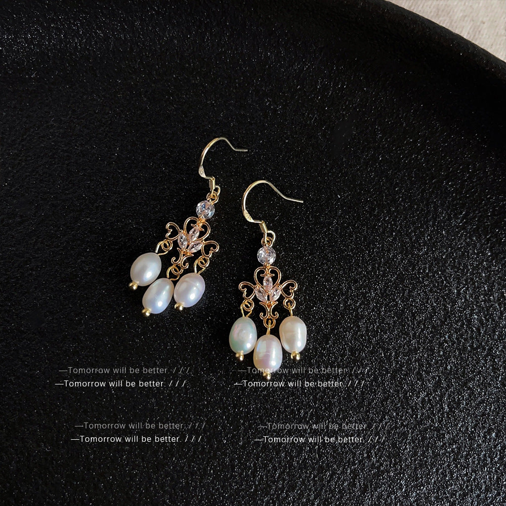 French Retro Freshwater Pearl Tassel Female Niche Classical Earrings