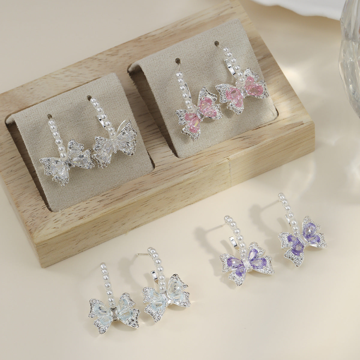 Elegant Blooming Bow Light Smart Ocean Blue Zircon Delicate Sier Earrings