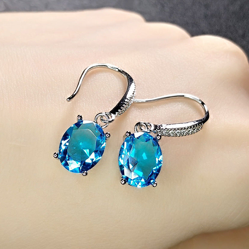 Aquamarine Stone Temperament Egg-shaped Sapphire Inlaid Ear Hook