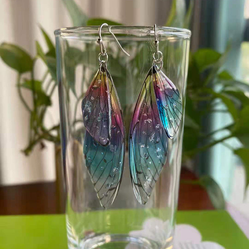Women's Sier Cicada Wings Ear Hook Butterfly Temperamental Fairy Long Eardrop Earrings