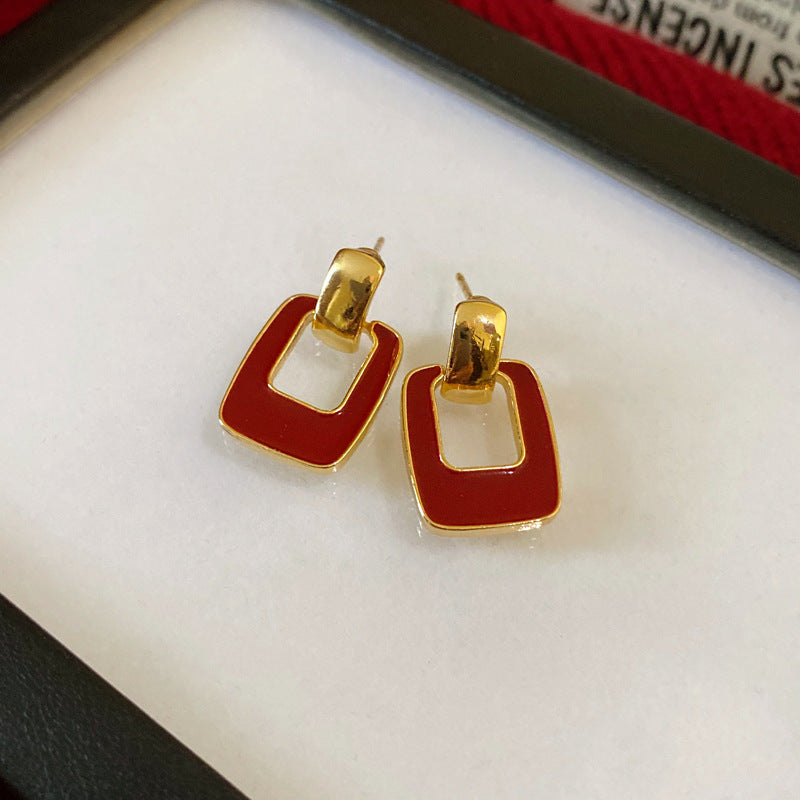 Women's Sier Needle Red Geometric Ear Korean Earrings