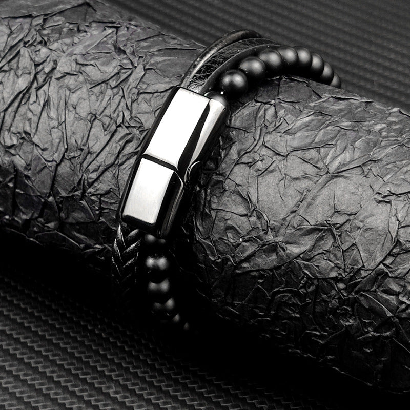 Men's Stainless Steel Leather Black Frosted Beads Woven Magnet Bracelet
