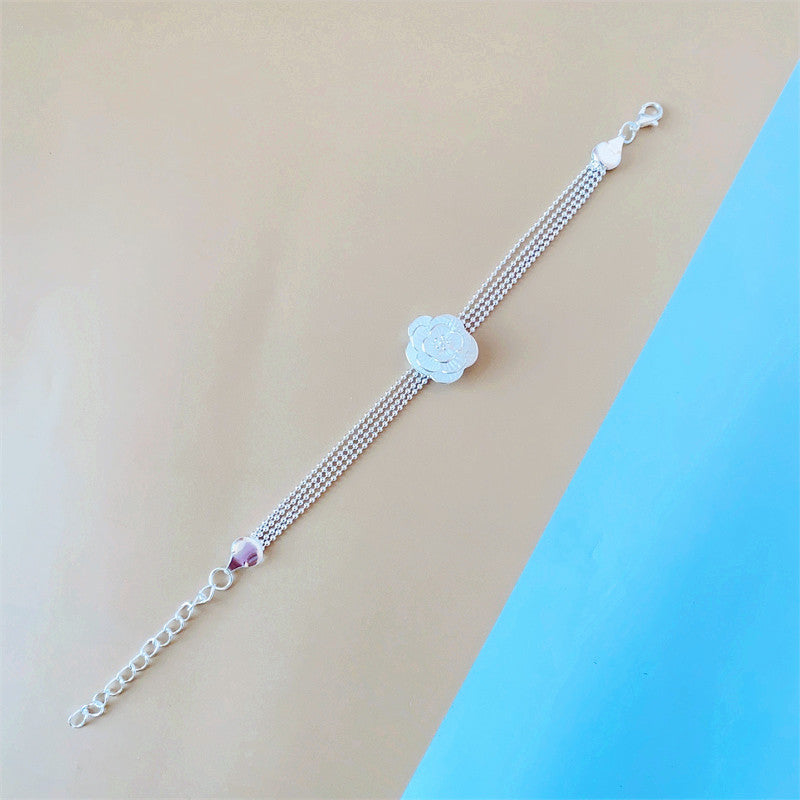 Vintage Sweater Chain Long Rose Flower Brushed Sier Plated Tourist Jewelry Set