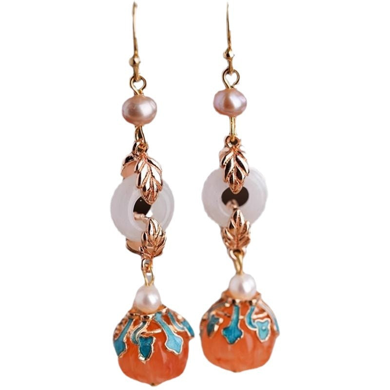 Women's Style Cheongsam Ethnic National Elegant Orange Pumpkin Pearl Ear Hook