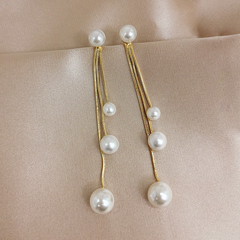 Women's Sier Needle Pearl Long Tassel High-grade Earrings