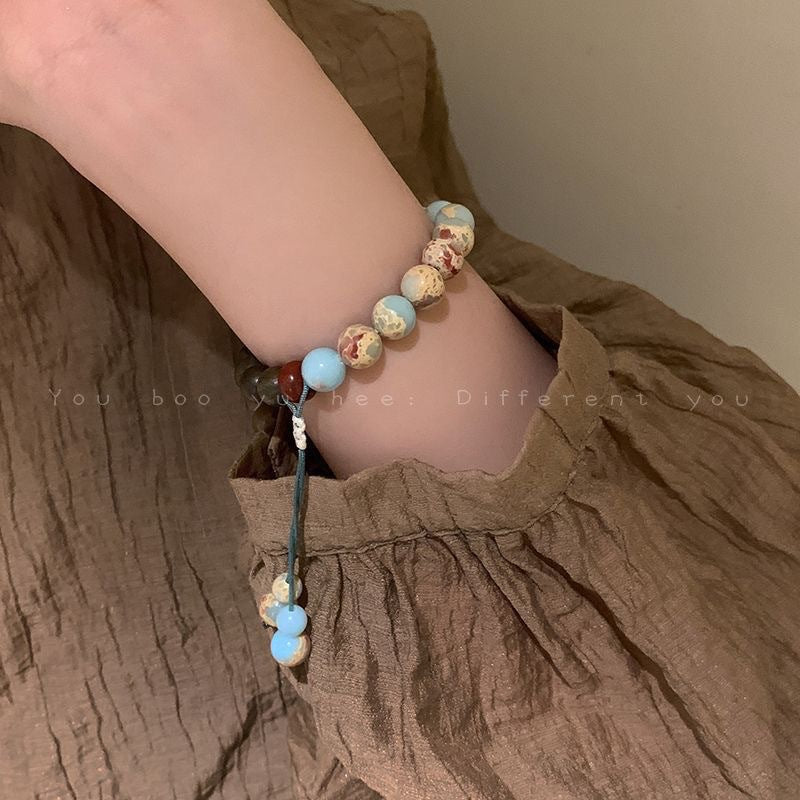 Women's & Men's Stone Green Sandalwood Stitching Chinese Zen Wooden Retro Ethnic Bracelet
