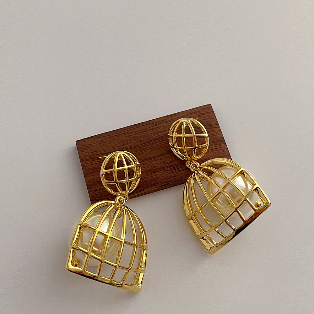 Light Luxury Cold Style Metal Bird Cage Wrapped Pearl Sier Earrings