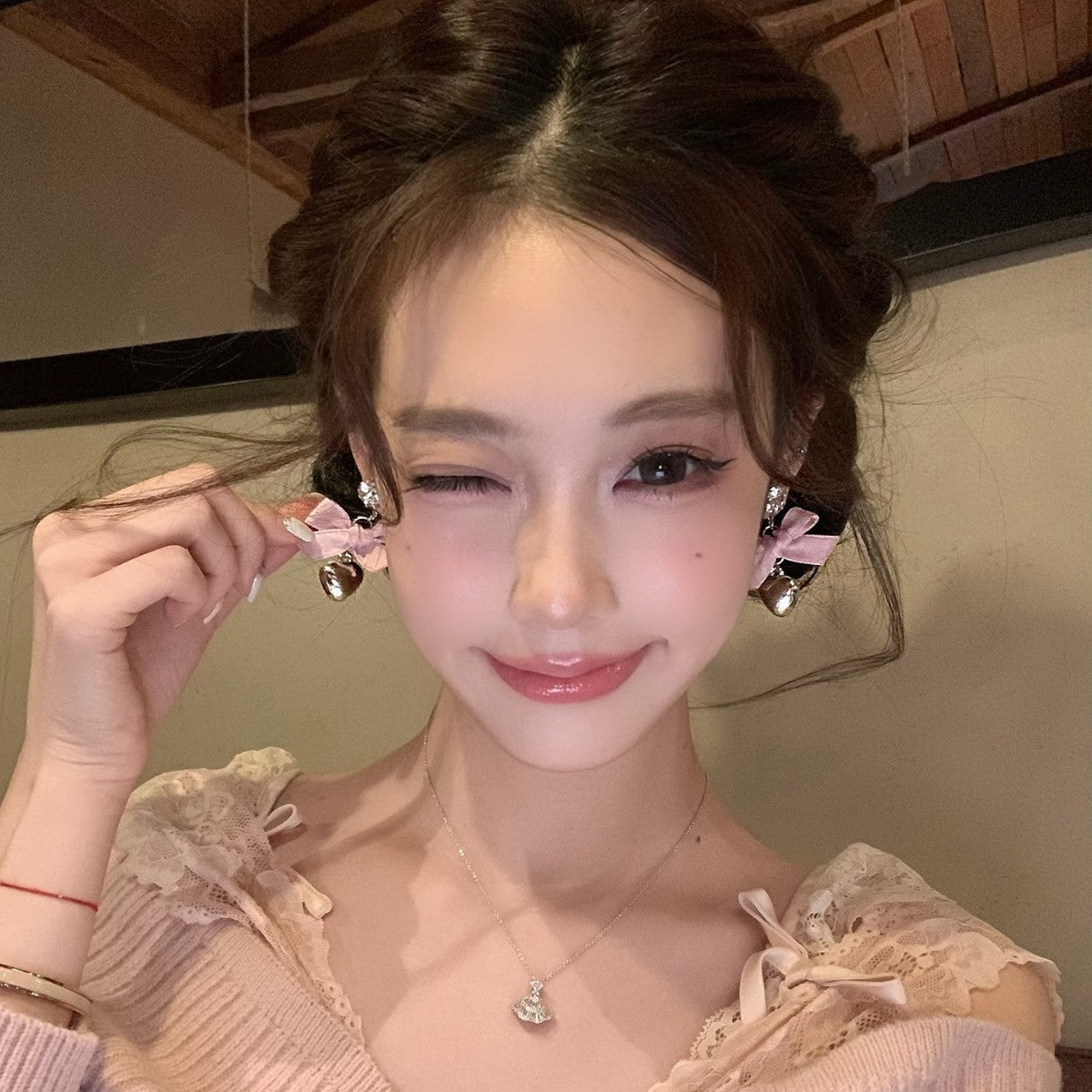 Women's Pink Bow Eardrops Light Luxury High-grade Earrings