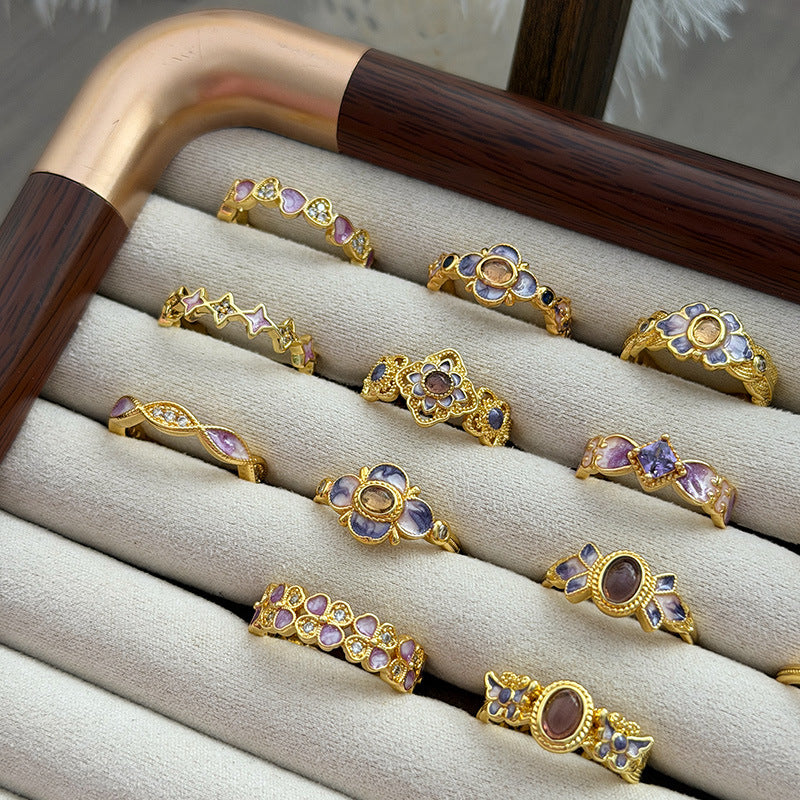 Luxury Retro Flower Auspicious Cloud Purple Enamel Open Niche Twin Rings