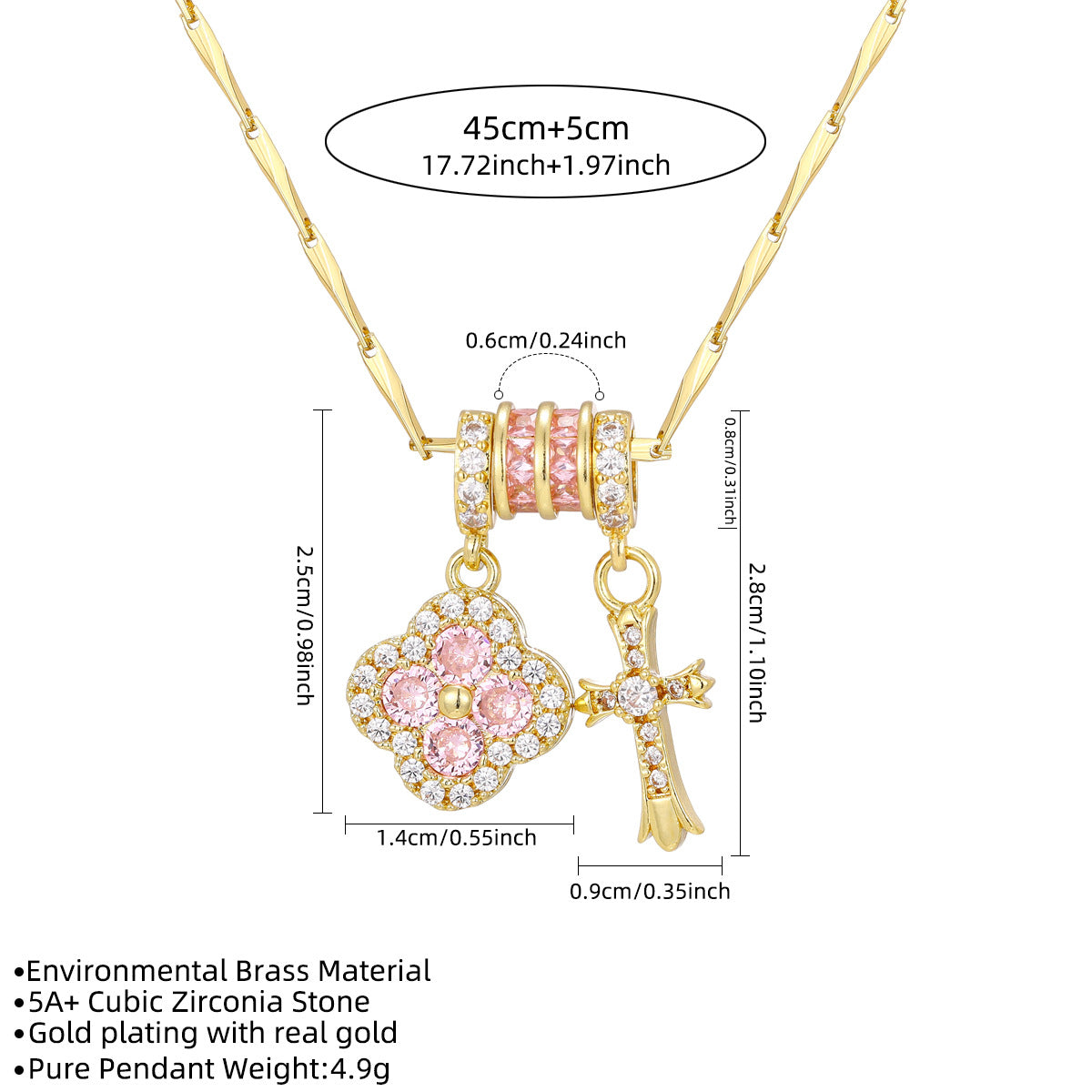 Pink Zirconium Small Waist Gold Clover Cross Pendants