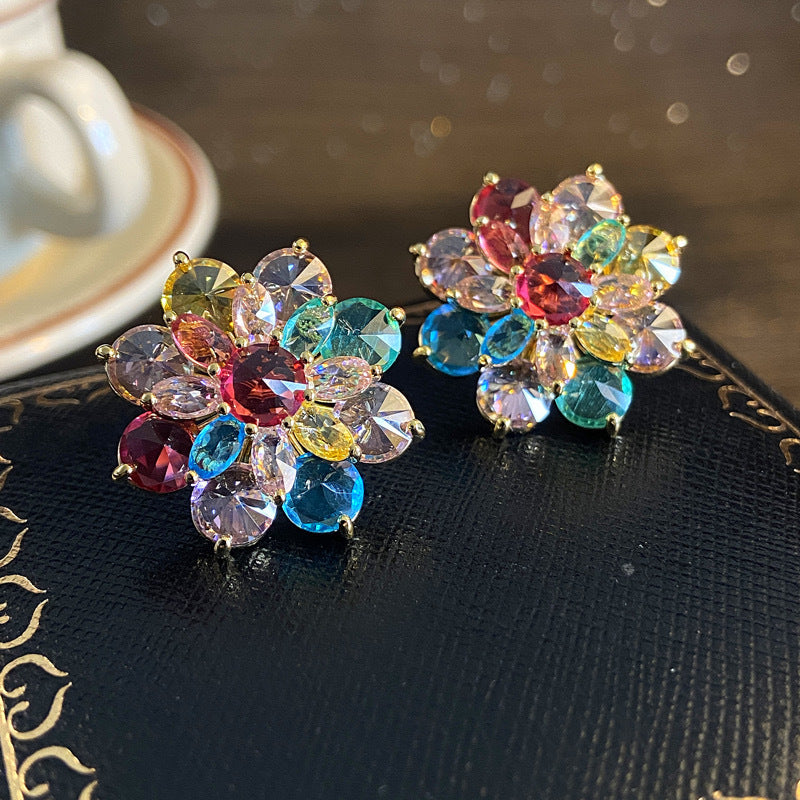 Women's Sier Needle Flower Color Zircon Mori Sweet Fashion Earrings