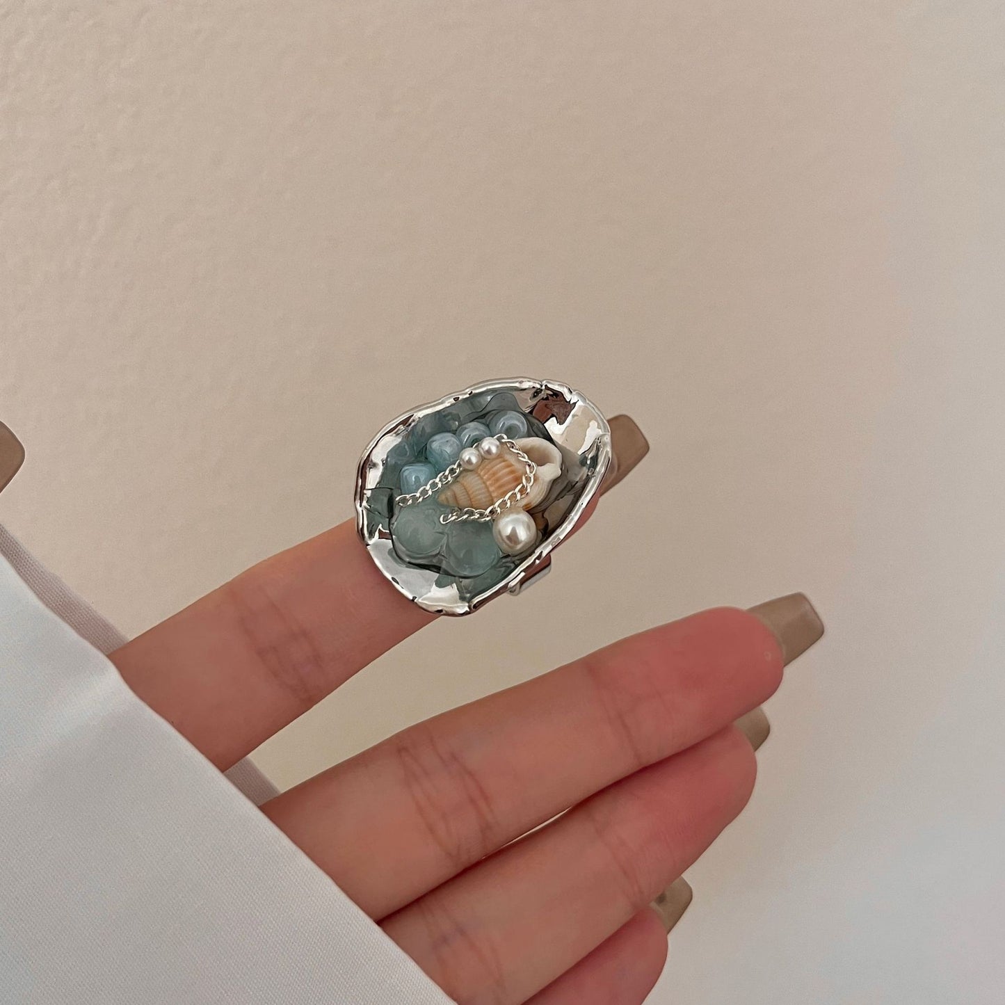 Style Natural Water Blue Stone Shell Handmade Cold Wind Metal Rings