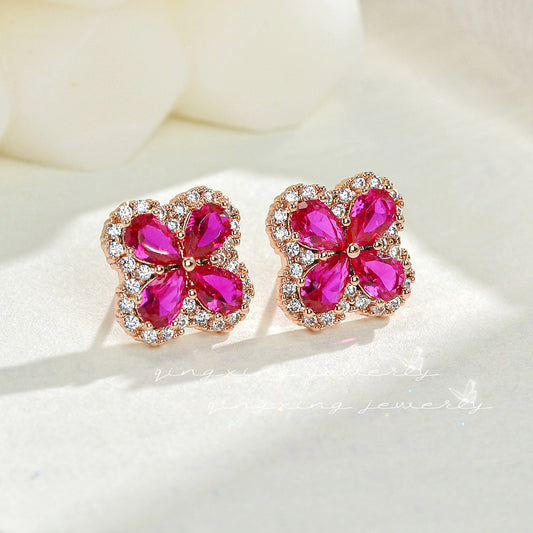 Women's Needle Red Corundum Zircon Dopamine Wear Color Clover Earrings