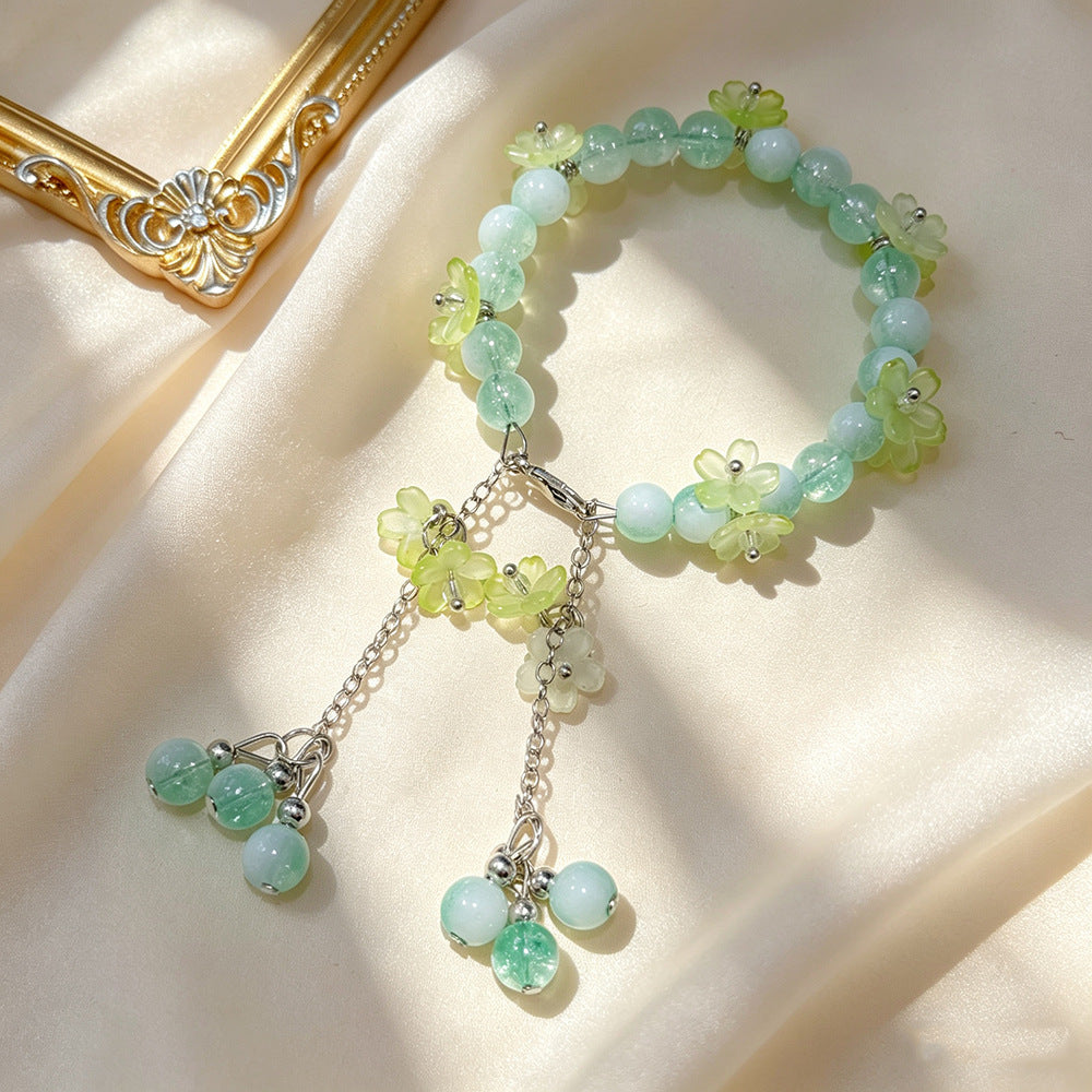 Mori Style Flower Green Super Temperament Show White Crystal Bracelet