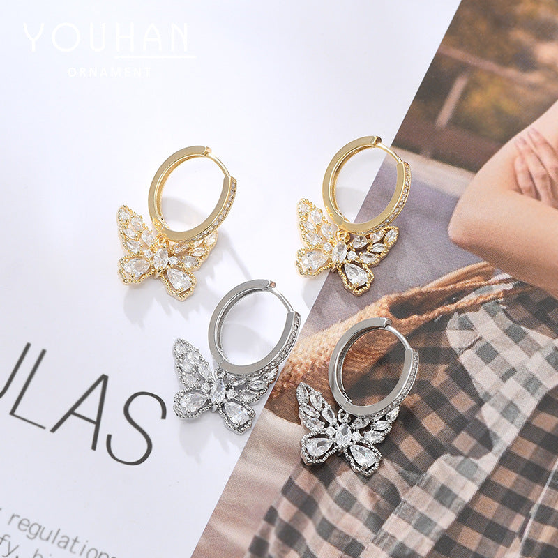 Micro Inlaid Zircon Temperament Female Niche Design Butterfly Eardrops Style Stud Earrings