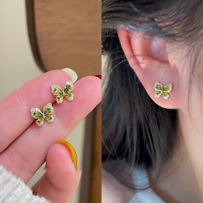 Temperament Entry Lux Full Diamond Green Crystal Butterfly Light Luxury Earrings