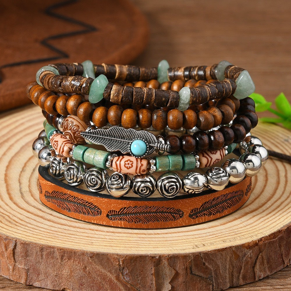 Wooden Bead Leather Rope Twin Ethnic Bracelet