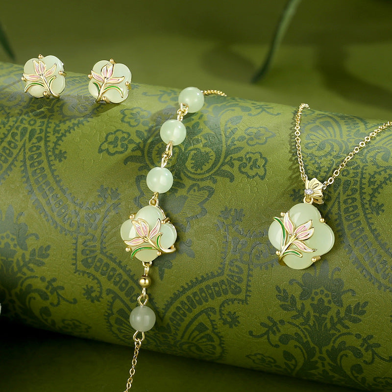 Women's Magnolia Clover Jade Sterling Sier National Style Chinese Summer Necklaces