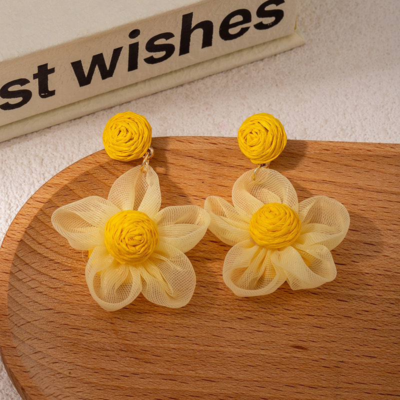 Super Fairy Dopamine Color Organza Raffia Flower Female Sweet Fresh Earrings