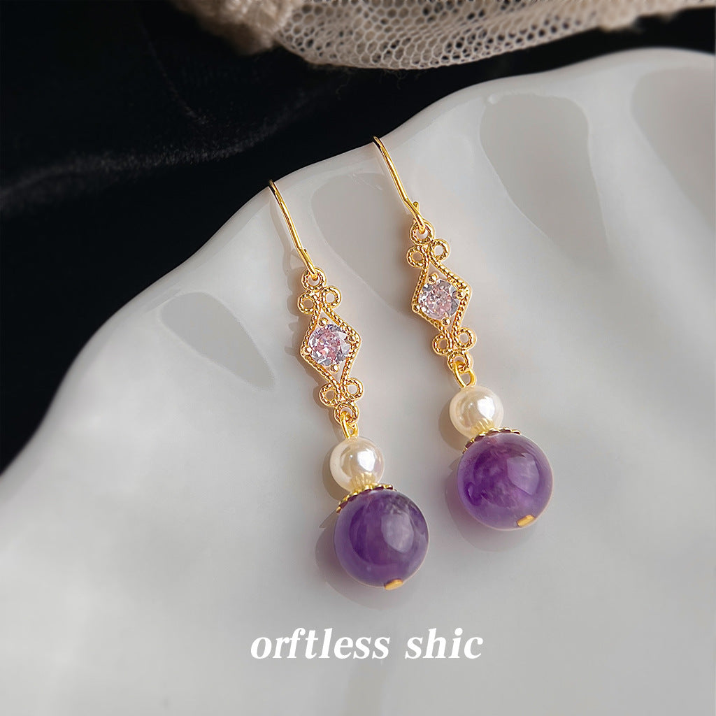 Zircon Long Natural Stone Amethyst Fashion High-grade National Chinese Style Earrings