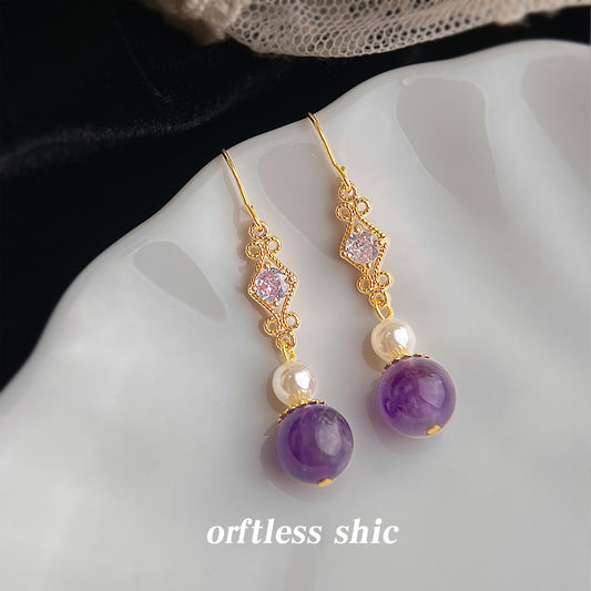 Zircon Long Natural Stone Amethyst Fashion High-grade National Chinese Style Earrings